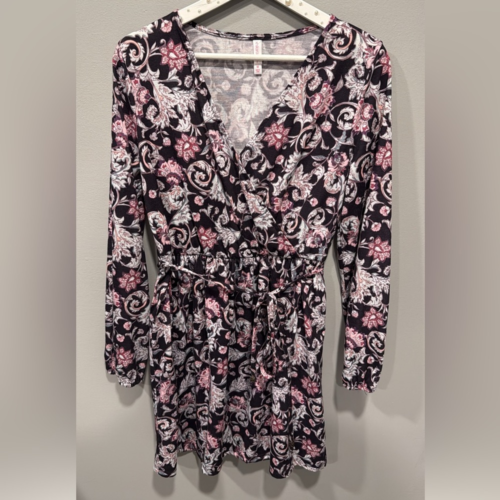 Xhilaration Black and Pink Floral Long Sleeve Dress